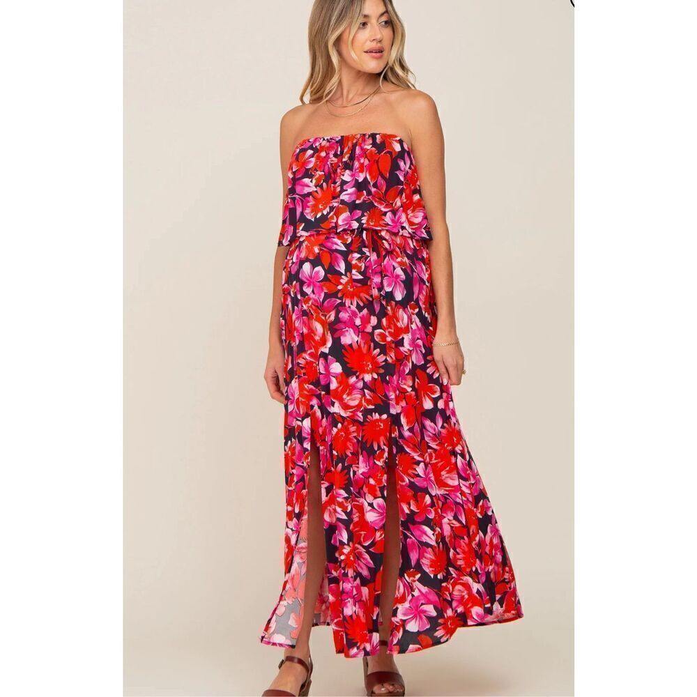 Emily Wonder Floral Ruffle Strapless Waist Tie Front Slit Midi Dress Small Nwt